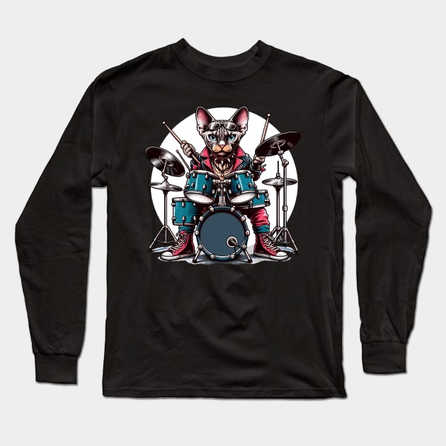 Devon Rex Cat Playing Drums Long Sleeve T-Shirt by Graceful Designs